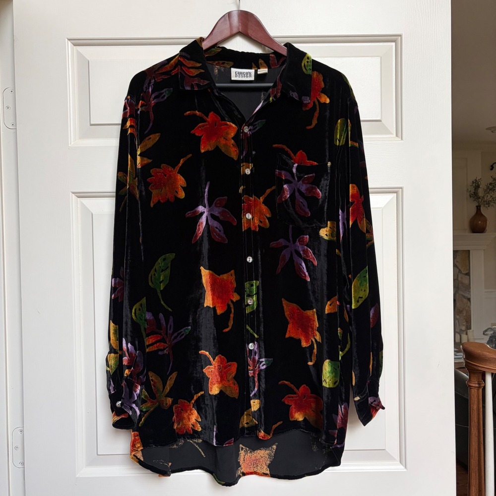 Chicos Design Silk Blend Velvet Botanical Button Down‎ Shirt Black Size 3 XL Art